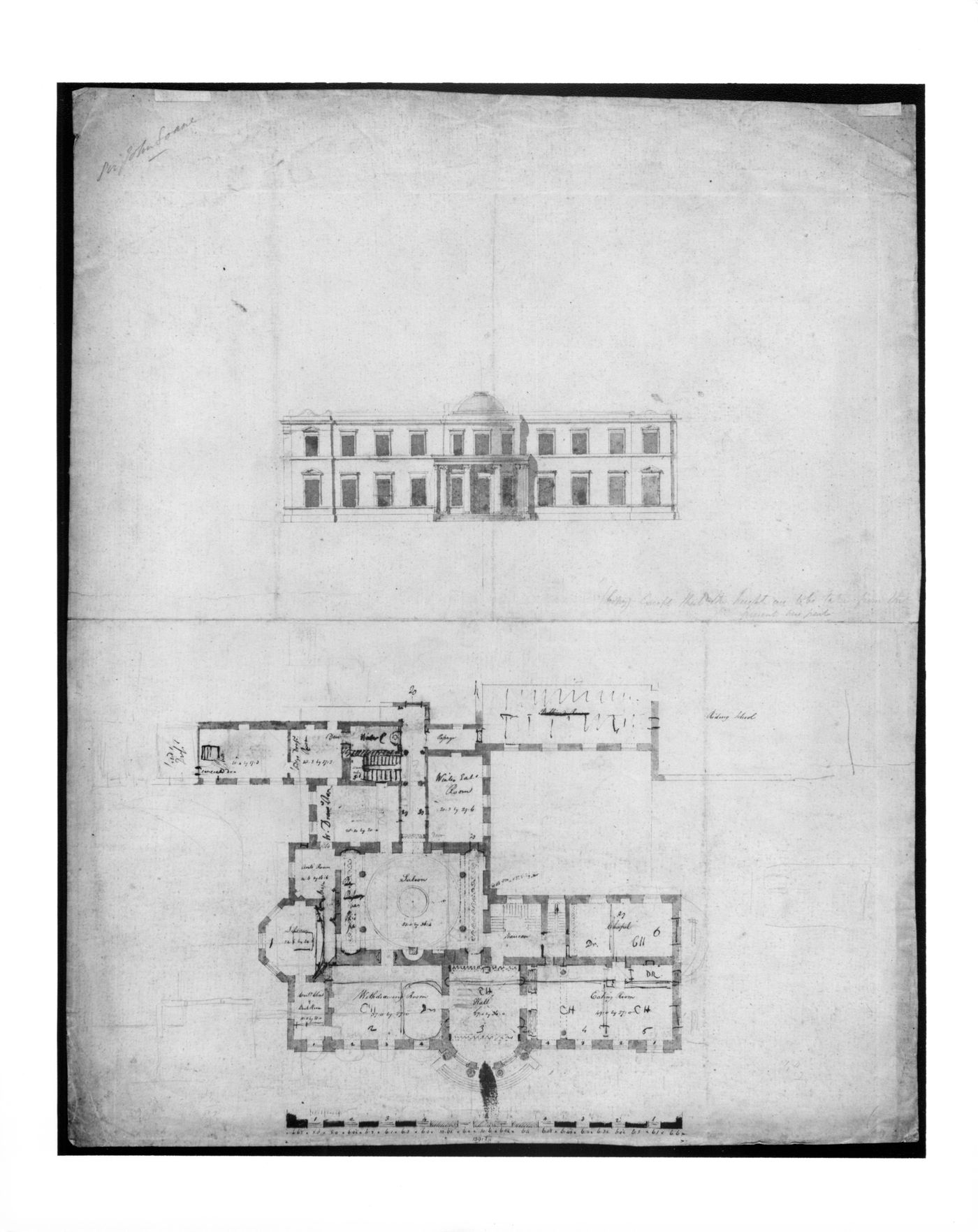 Plans and elevation for alterations to Hinton House, Hinton St. George, Somerset, England; Verso: Sketches of an arch