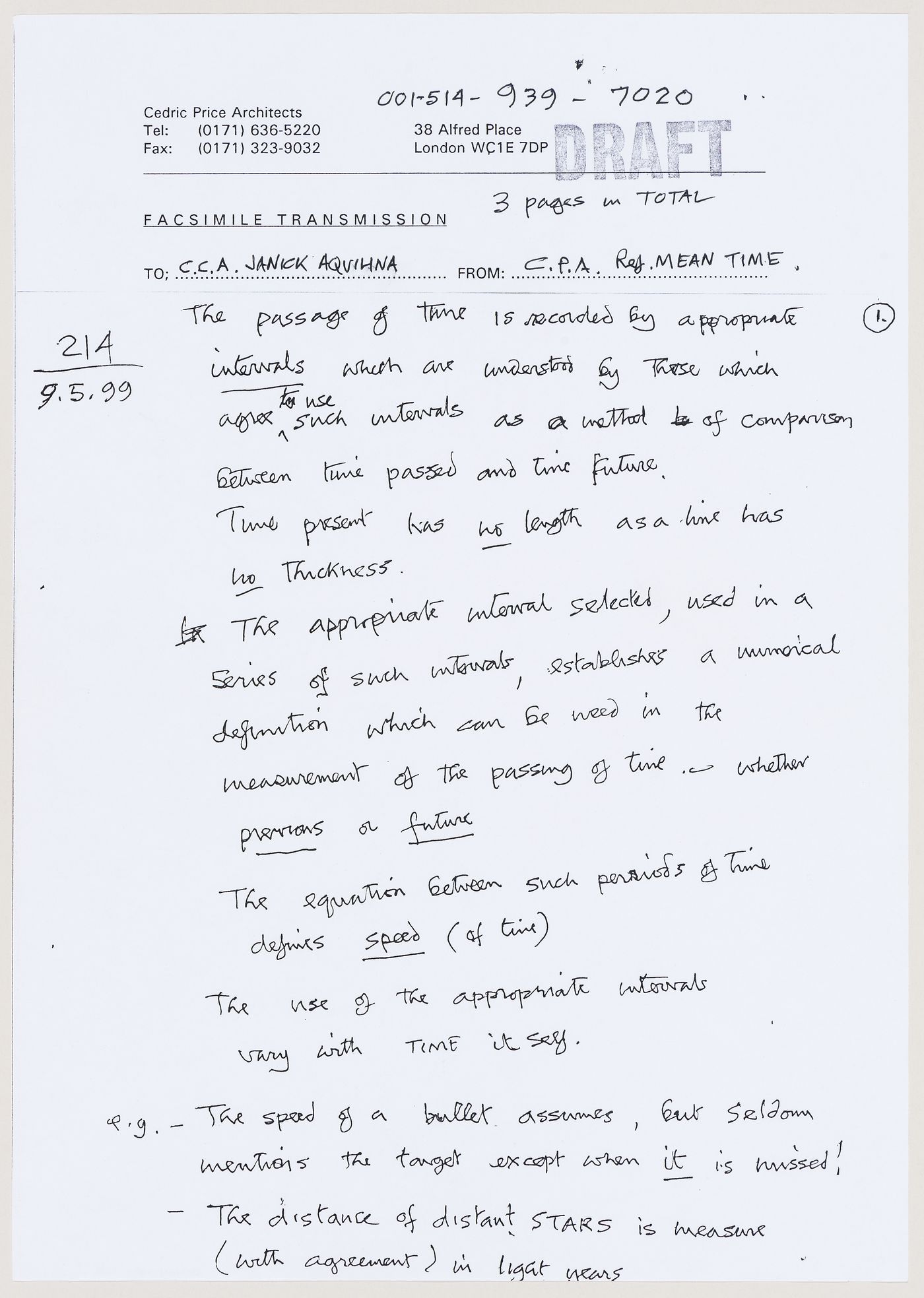 Draft text related to the curatorial statement for the exhibition "Cedric Price: Mean Time" at the Canadian Centre for Architecture (document from Mean project records)