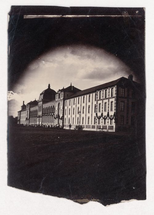 General view of façade of Imperial Asylum [?] on a diagonal, Vincennes, France