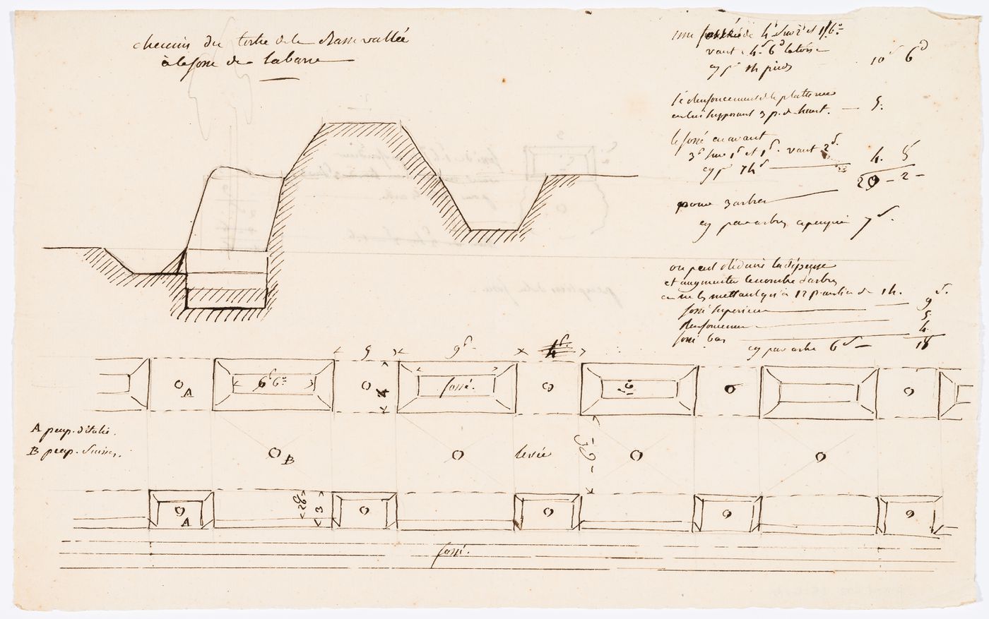 Plan and section for a levee, Domaine de La Vallée; verso: Detail for a levee, Domaine de La Vallée