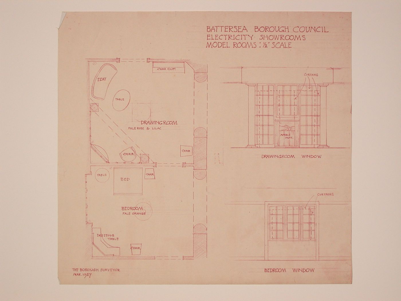 Plan and details for the model drawing room and bedroom, Electric House, Battersea Borough