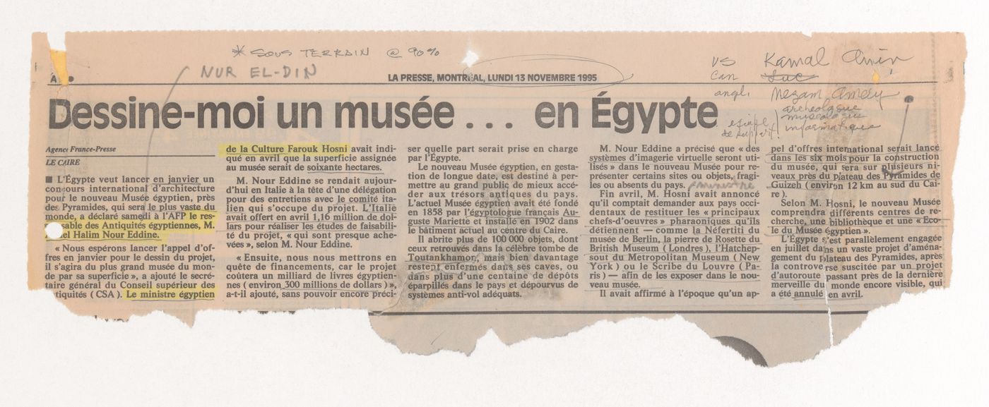 Coupure d'un article de journal intitulé "Dessine-moi un musée... en Égypte"