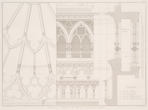 Notre-Dame de Paris, France, Views of church and the new Sacristy [?] built by Lassus and Viollet-le-Duc; including plans, views and chromolithographs of windows, Paris, France