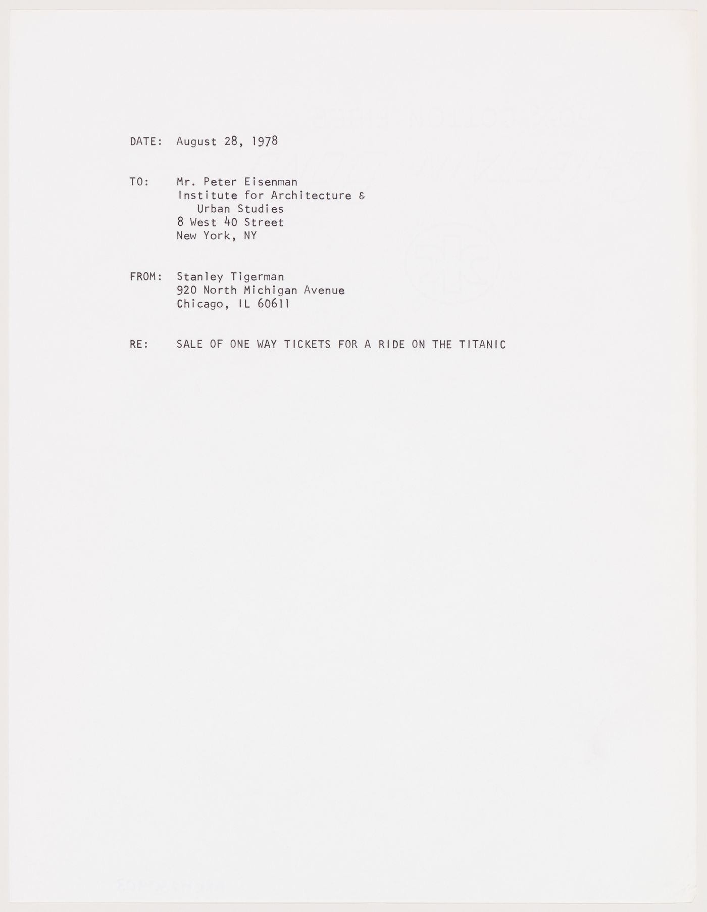 Letter to Peter Eisenman from Stanley Tigerman