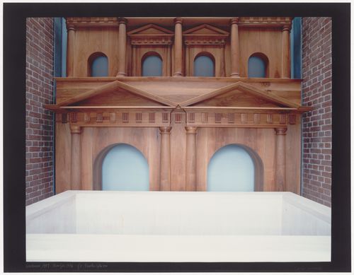 Molteni Funerary Chapel, Giussano, 1980; Interior detail showing the wooden reconstruction of a Roman city gate