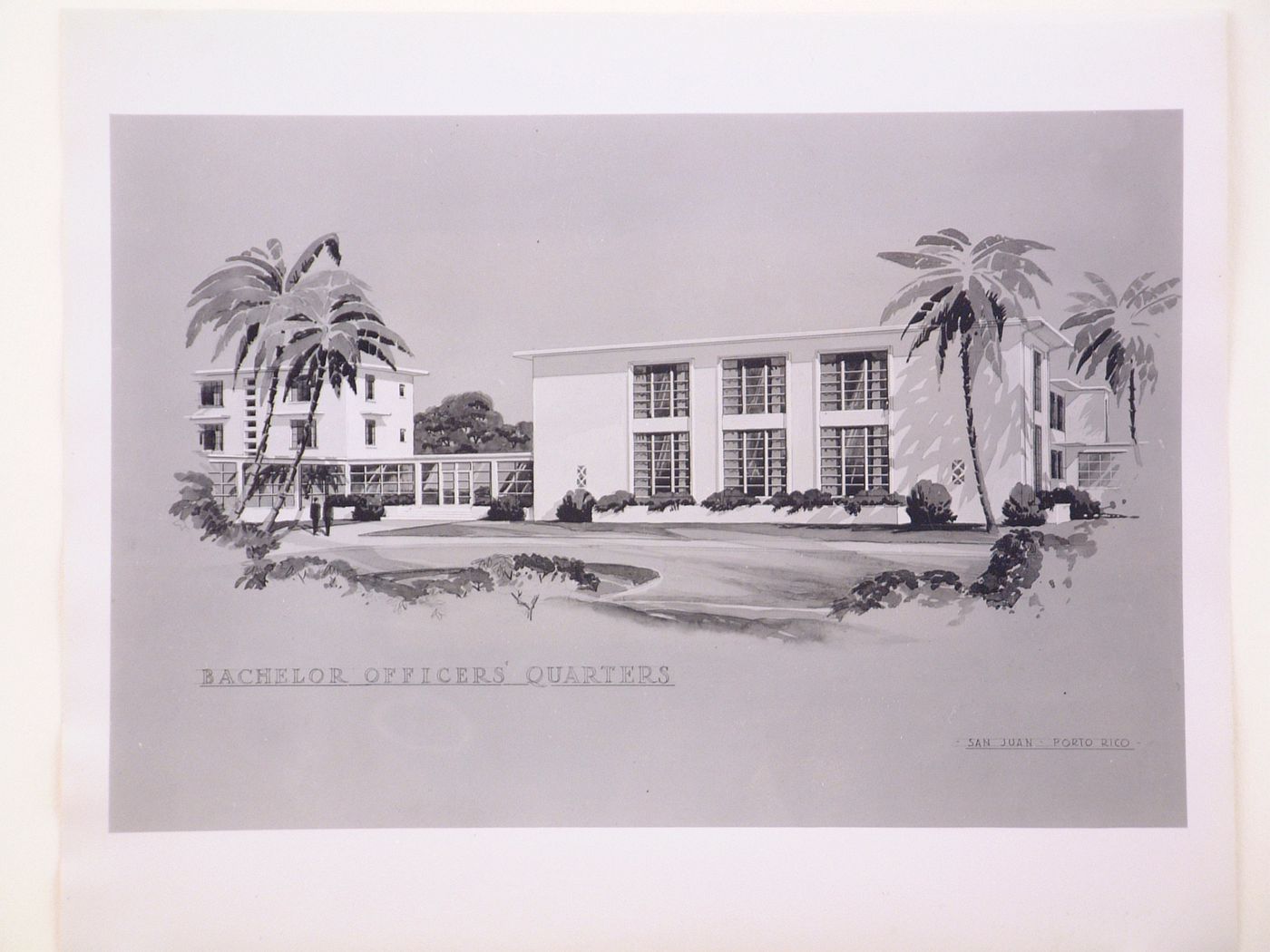 Photograph of a perspective drawing for or of the Bachelor Officers' Quarters, United States Naval Air Base, San Juan, Puerto Rico
