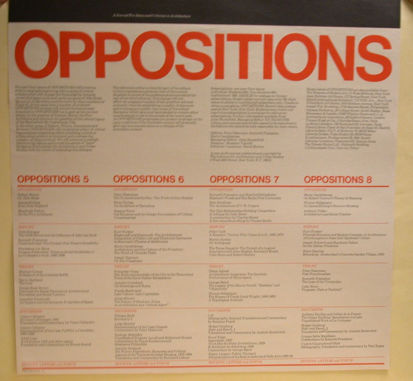 Poster announcing the content of numbers 5 to 8 of 'Oppositions', the journal of The Institute for Architecture and Urban Studies