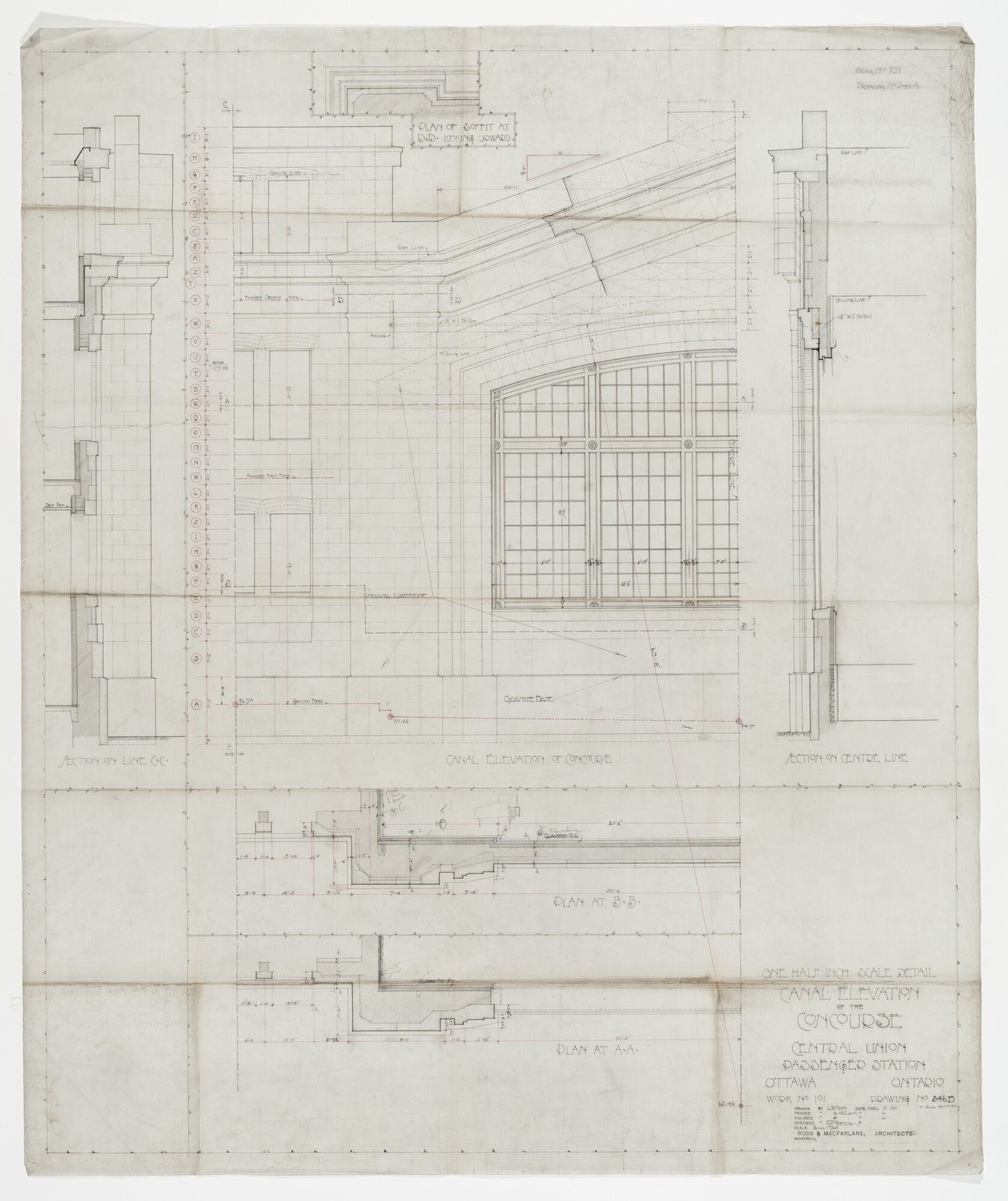 Canal elevation of the concourse with plans and sections for Central Union Passenger Station, Ottawa, Ontario