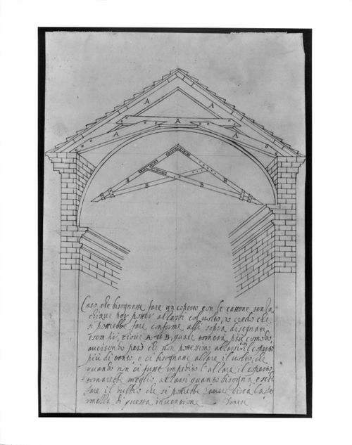 Section of a building showing alternative designs for trussed rafters