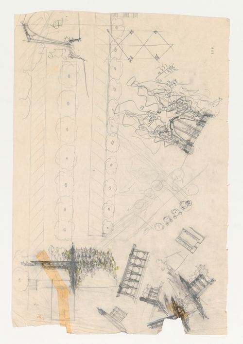 Wayfarers' Chapel, Palos Verdes, California: Plan, possibly for a cloister, conceptual drawings for the chapel, including sketch sections, sketch plans and thumbnail sketches, with thumbnail sketches for the campanile and partial sketch section
