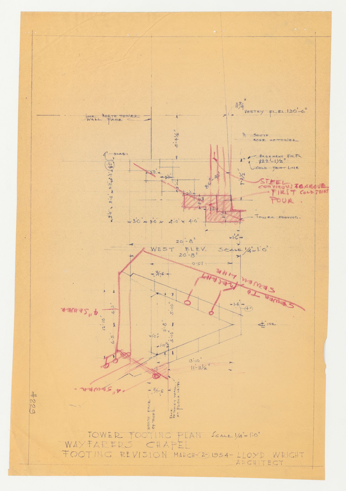 Wayfarers' Chapel, Palos Verdes, California: Plan and elevation for campanile footings