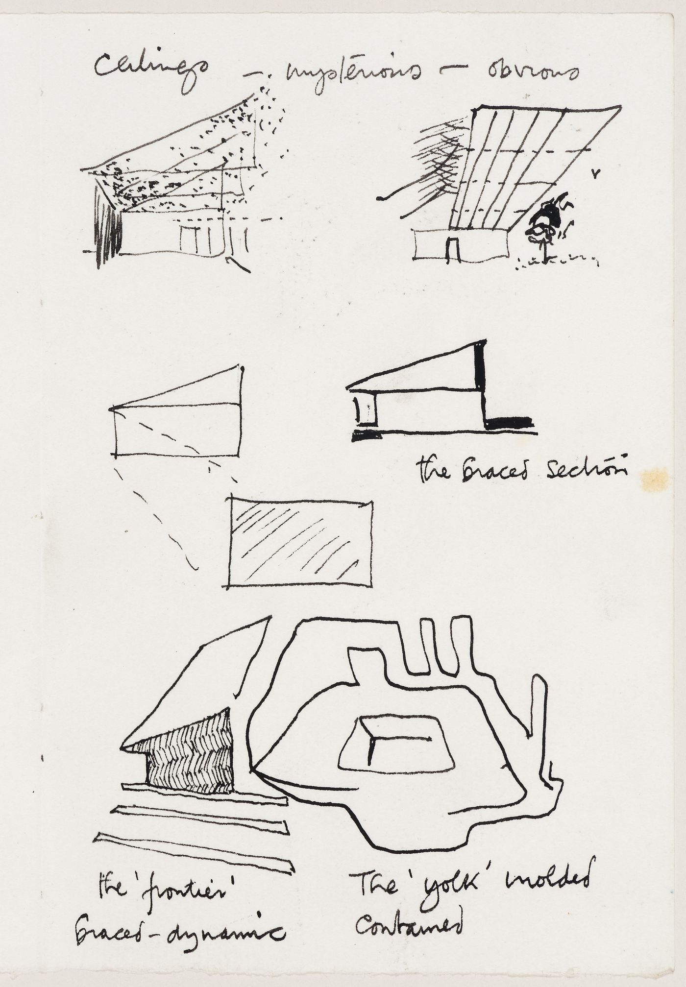 Perthut House: conceptual sketches (ceilings, the "braced section", the "frontier", the "yolk")