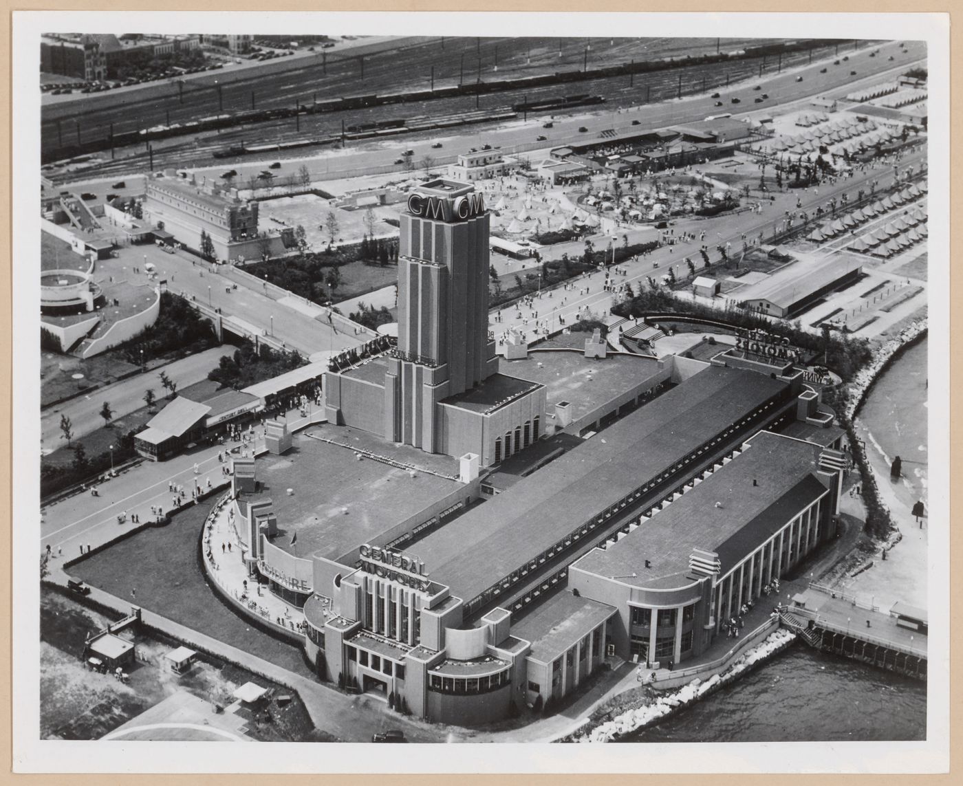 Aerial view of the General Motors Corporation pavilion showing the surrounding fair expositions, 1933-1934 Chicago World's Fair, Chicago, Illinois