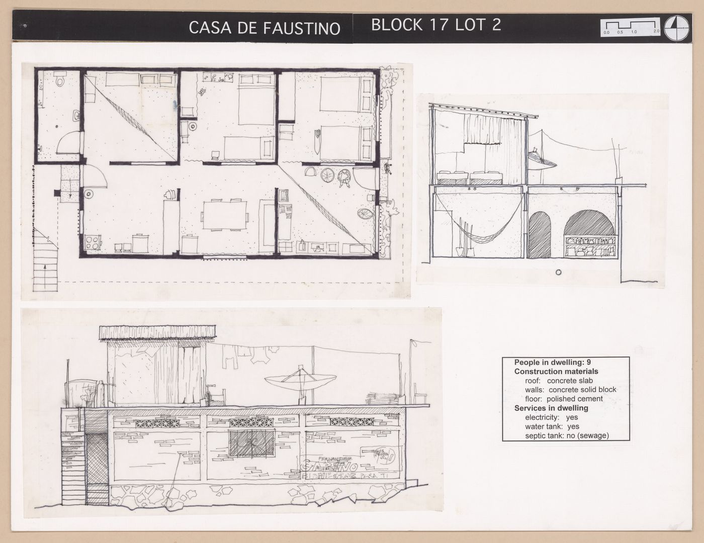 Presentation panel with floor plan, elevation, and section of Casa de Faustino for the Urban Upgrading project La Esperanza, in Zihuatanejo, Mexico