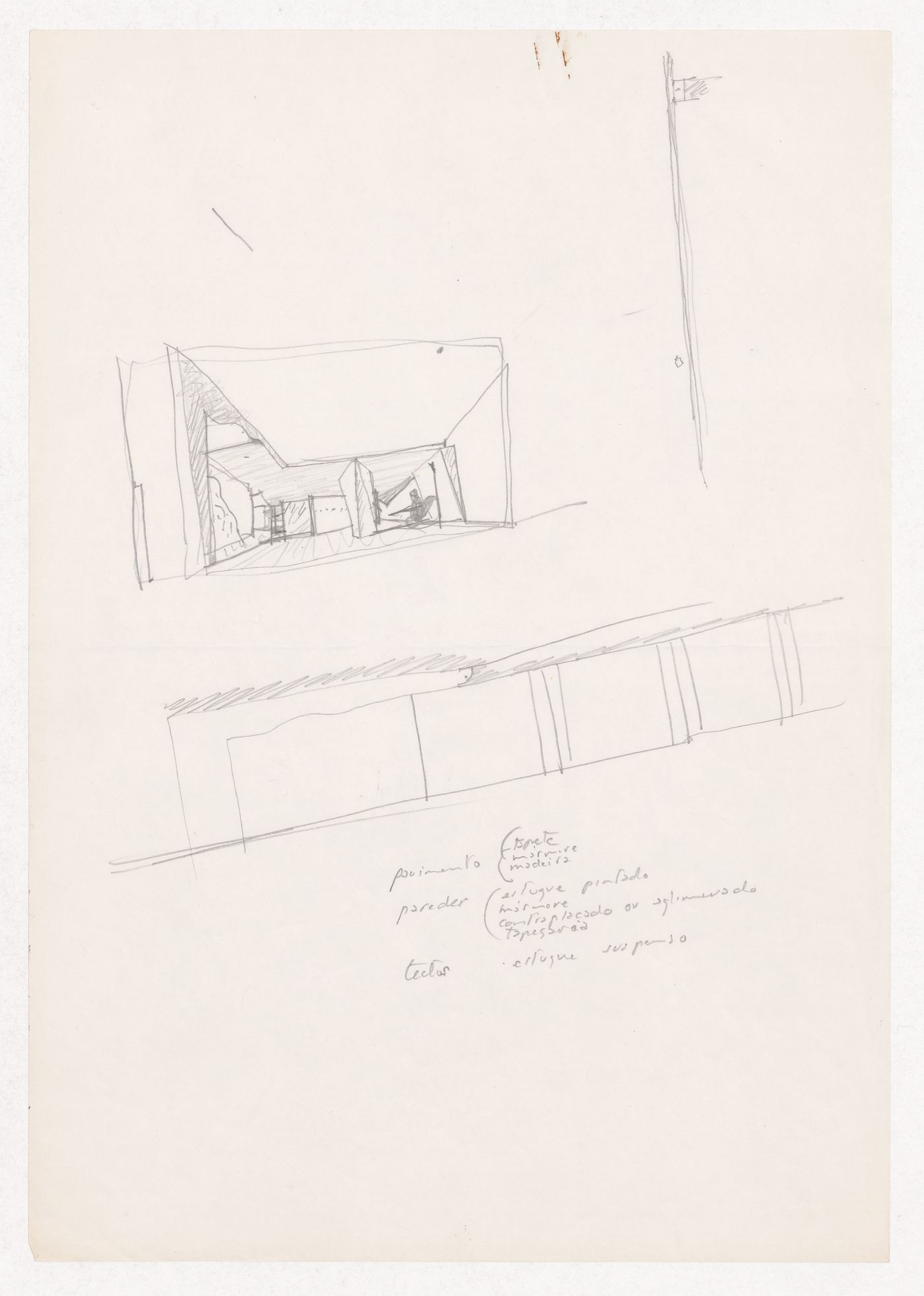 Sketch perspective and section with notes for Galeria Carvalho Araújo, Lisbon, Portugal