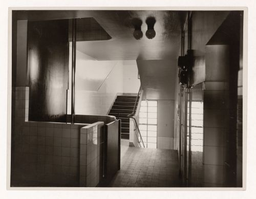 Interior view of fire station, showing stairs and fireman's pole, rue Mesnil, 16th arrondissement, Paris, France