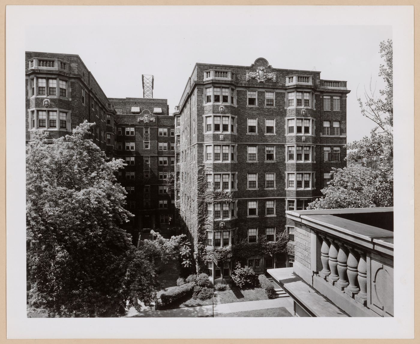 View of the principal façade of The Abington apartment house from the roof [?] of the building across the street, Detroit, Michigan