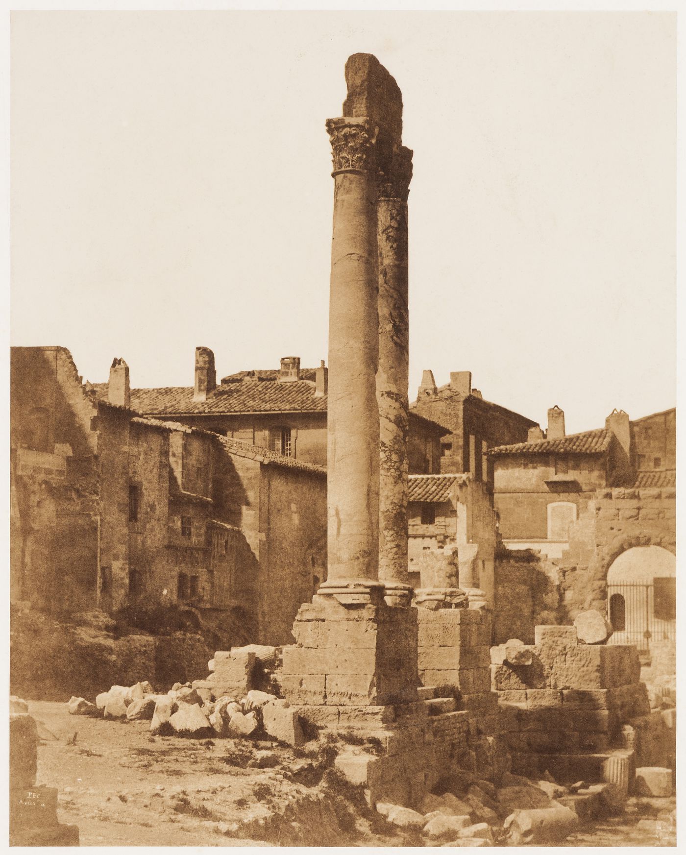 Two columns of a ruined Roman theater, Arles, France