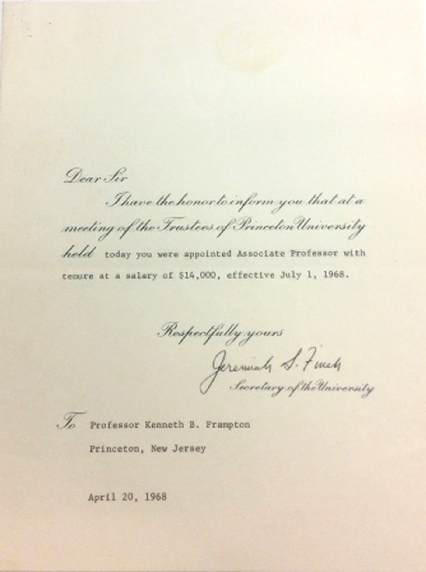 Kenneth Frampton appointment letter for Associate Professor position at Princeton University