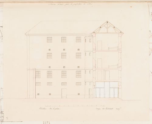 Project for the enlargement of the prison near the Préfecture de police, rue de Jérusalem, Paris: Sectional elevation for the façade facing the exercise yard