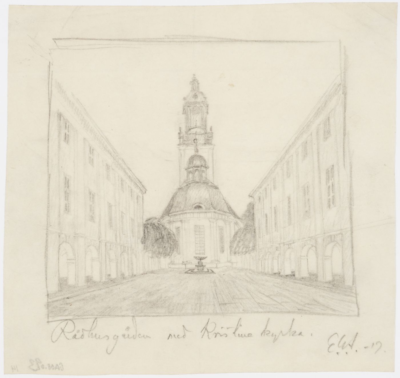 Exterior sketch perspective for the 1918-1925 design for the Göteborgs rådhus [courthouse] showing the courtyard with Christina Church in the background, Gustaf Adolfs torg [square], Göteborg, Sweden