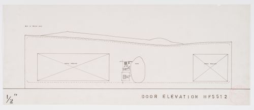Exterior elevation showing the main entrance and viewing apertures to the living room and bedroom, House of the Future, Daily Mail Ideal Homes Exhibition, London, England