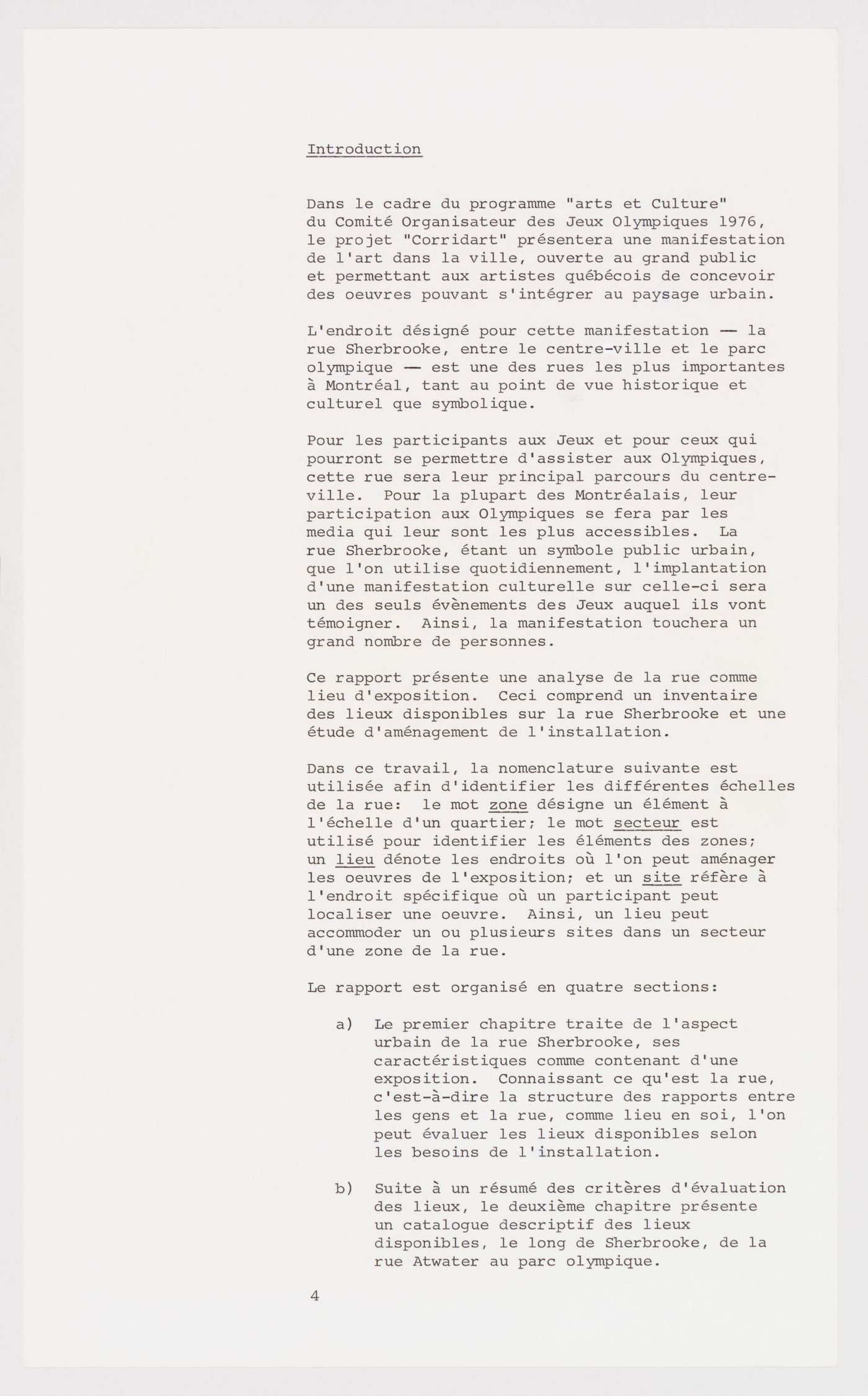 Introduction from the manuscript of Melvin Charney's proposal for a street museum, "La Rue Sherbrooke: Corridart, Inventaire des lieux"