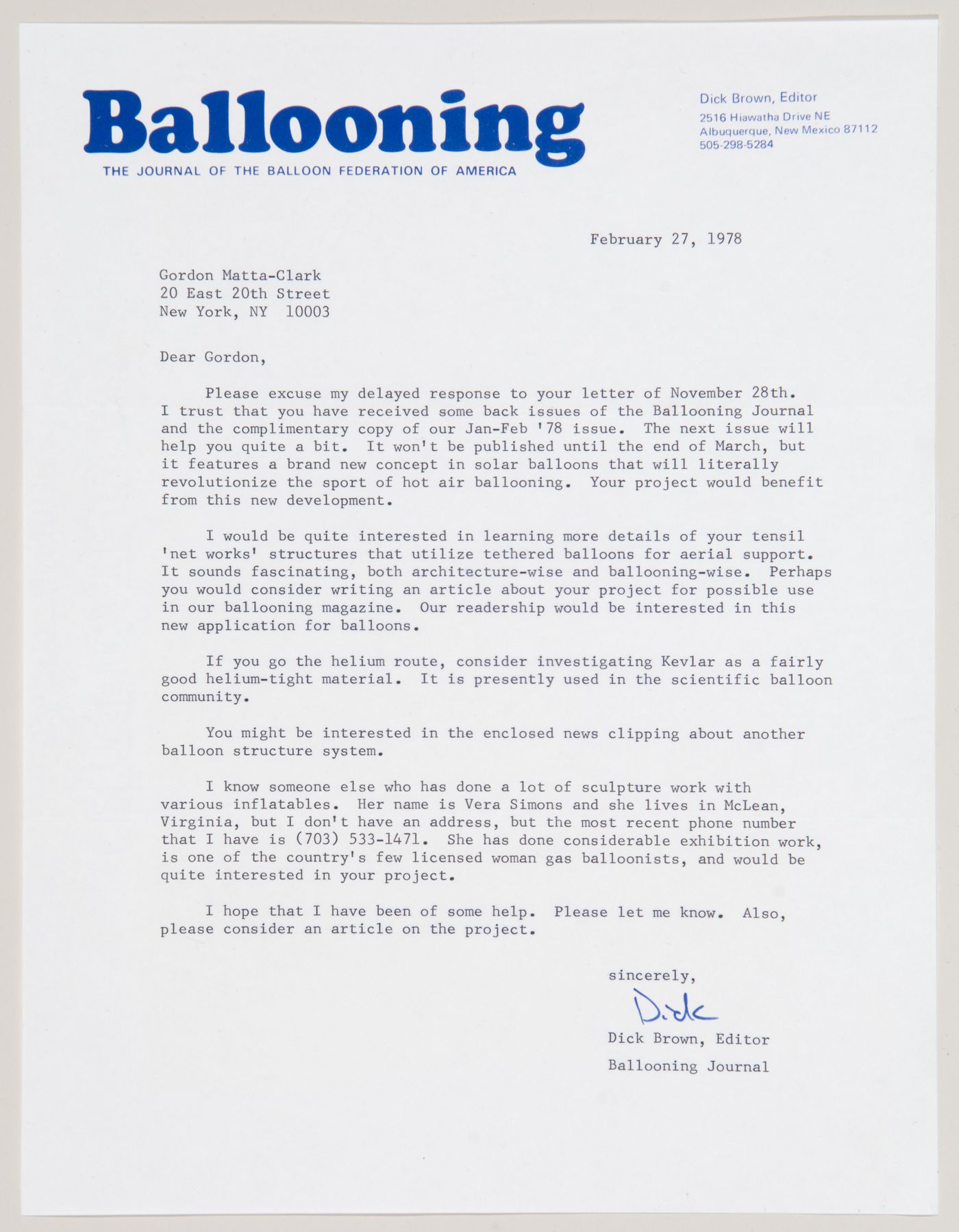 Letter from Dick Brown to Gordon Matta-Clark, news clipping about a balloon structure system and subscription form to the journal 'Ballooning'