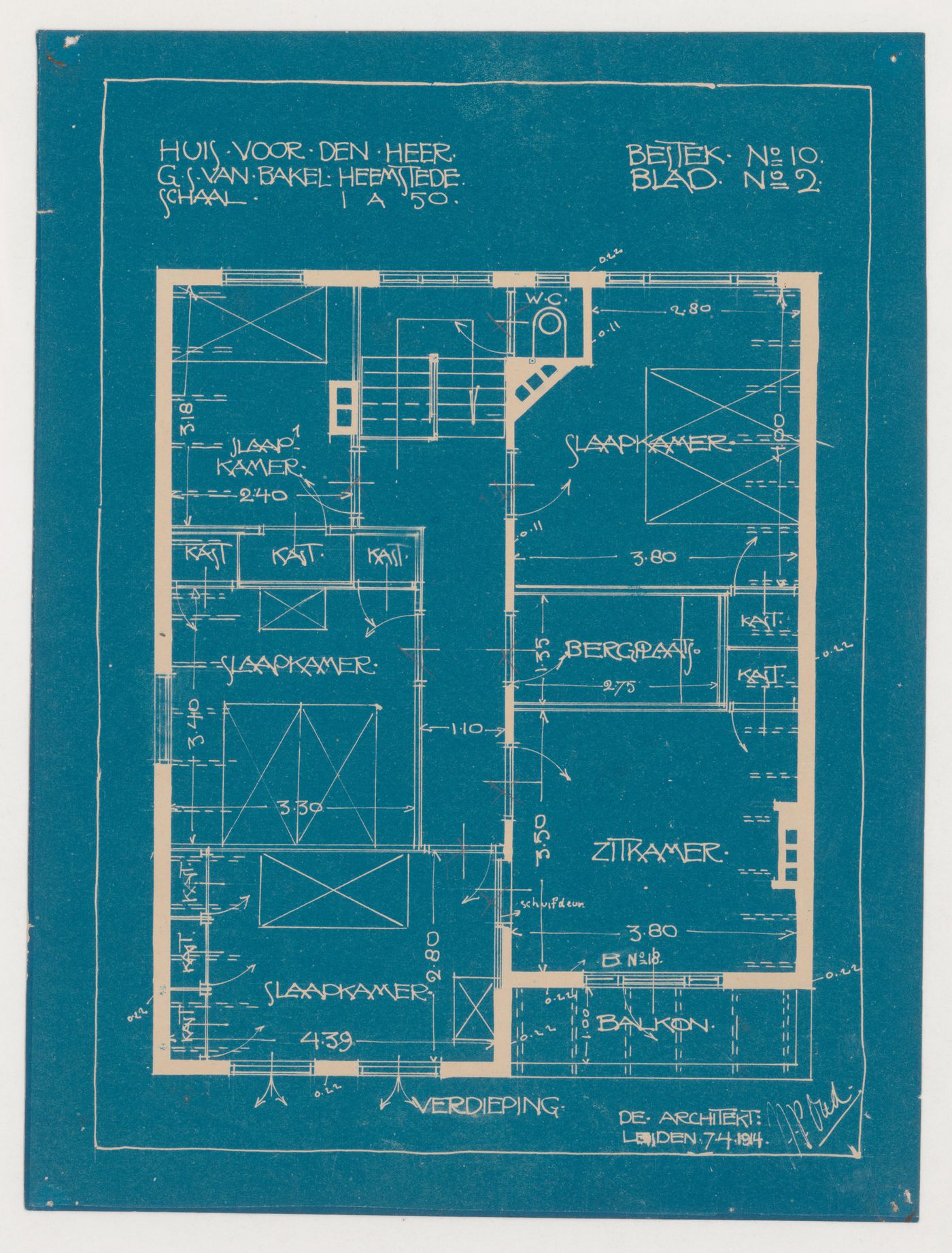 First floor plan for a house and shop with a rectangular plan for Mr. G.S. van Bakel, Heemstede, Netherlands