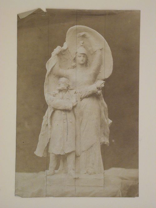 Close-up view of an unfinished plaster model for a statue designed by architects Émile and Gaston Trélat to crown the monument to French orator Léon Gambetta which they proposed to erect on the Buttes Chaumount in the Belleville district of Paris, France