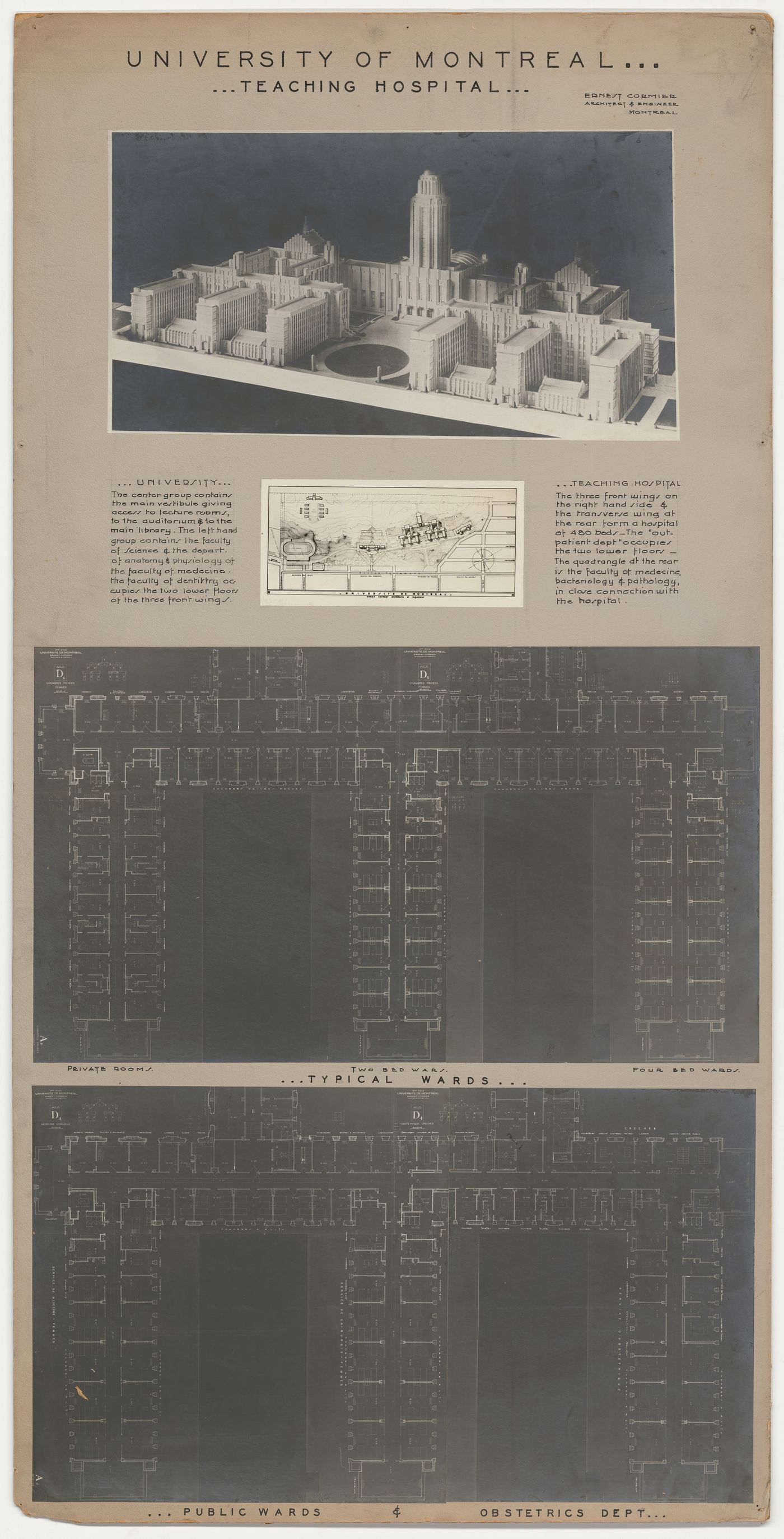 Panneau de présentation de l'hôpital universitaire, Pavillon principal et campus, Université de Montréal, Montréal, Canada (1924-1947)