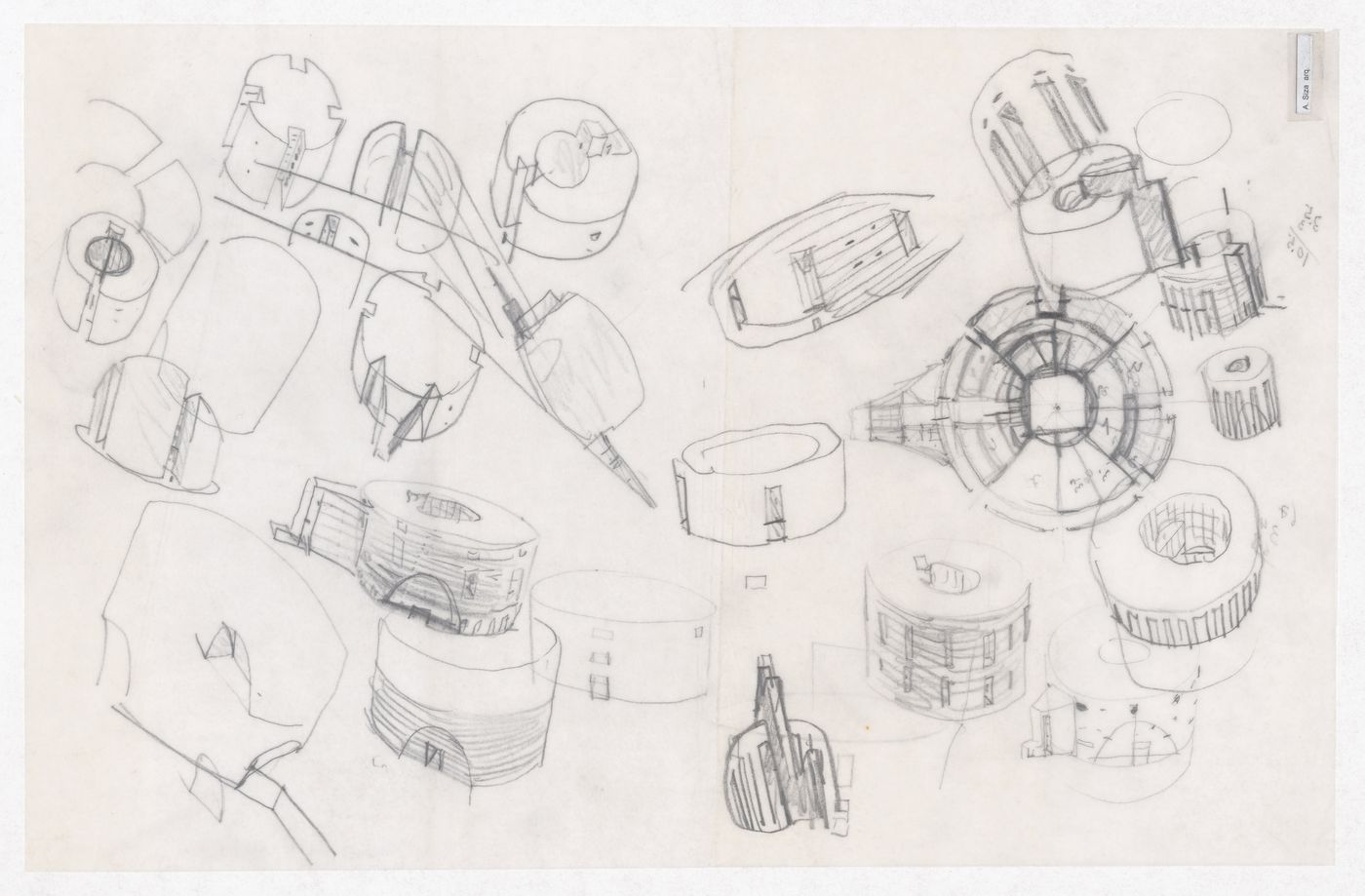 Sketch axonometric views, perspectives, elevations, and plan for Centro Meteorológico da Villa Olimpica, Barcelona, Spain