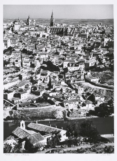 View of town from hill of houses and cathedral, Toledo, Spain