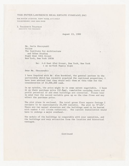 Letter from L. Thaddeus Szafran to Carla Skoczynski about the purchase of buildings with attached plot plans
