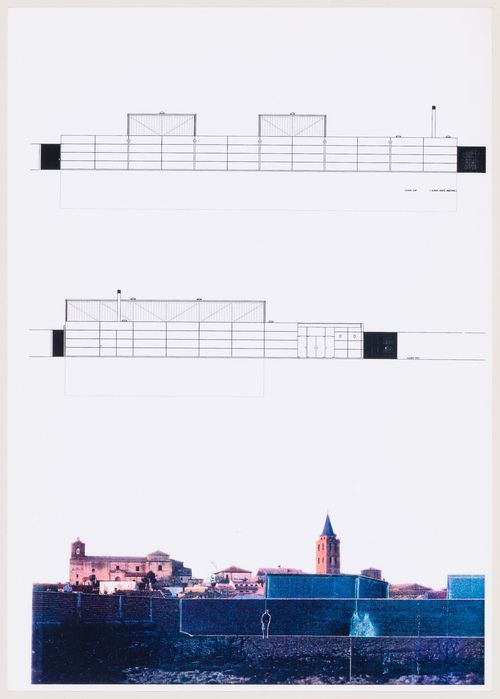 Elevations and photomontage, Polideportivo Madrigal de las Altas Torres, Ávila, Spain