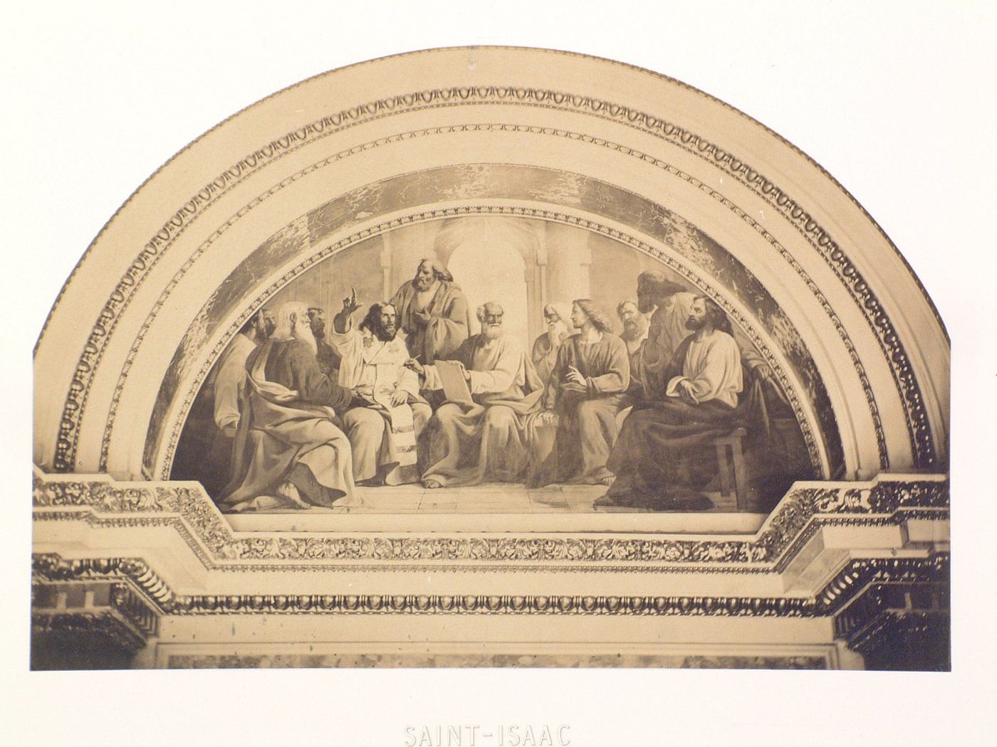 Interior view of Saint Isaac's Cathedral showing the painting "The Council of the Apostles" in a lunette, Saint Petersburg, Russia
