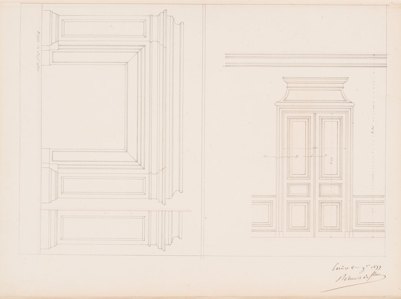 Project for a Hôtel de préfecture, Poitiers: Interior elevations for a mantel and door for the Hôtel du Préfet, probably for the "salon de l'empereur" and vestibule