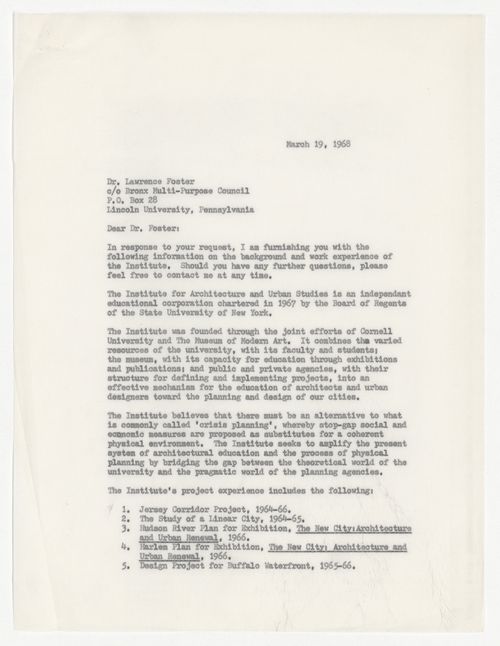 Letter from Peter D. Eisenman to Lawrence Foster about the background and work experience of IAUS