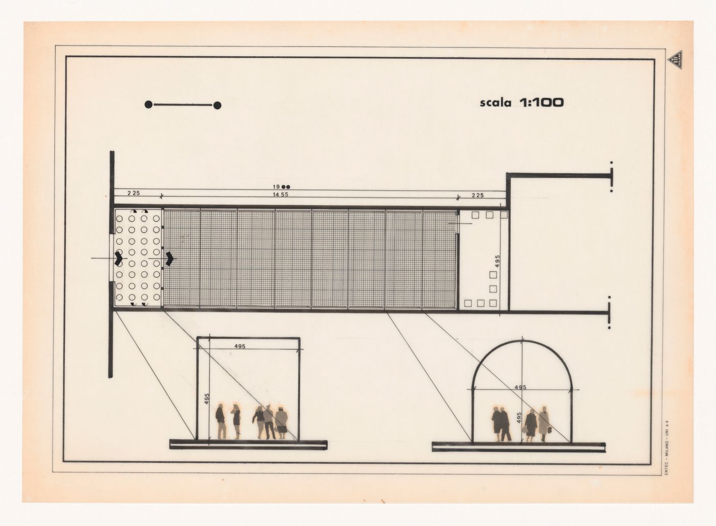 Detail from plan with cross sections for Design shop, Montecatini Terme, Pistoia, Italy