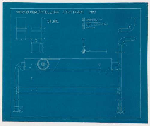 Plan, elevations, broken-out section and details for a chair for terraced housing, Weissenhofsiedlung, Stuttgart, Germany