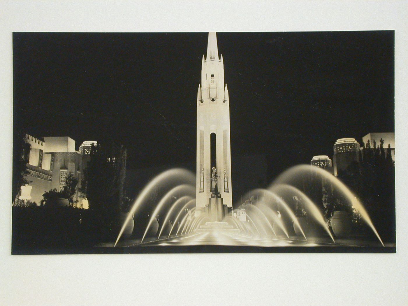 Night view of the Tower of the Sun taken from the Court of the Moon and Stars, Golden Gate International Exposition of 1939-1940, Treasure Island, San Francisco, California