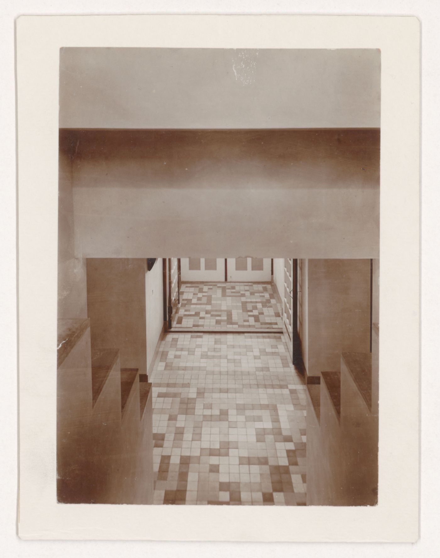 Interior view of the entrance hall of De Vonk Vacation Retreat showing the tiled floor designed by Theo van Doesburg, Noordwijkerhout, Netherlands