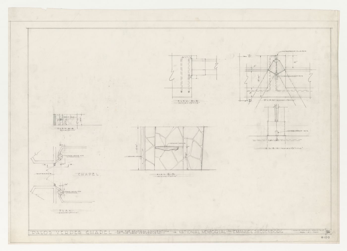 Wayfarers' Chapel, Palos Verdes, California: Plan and elevation for stone literature shelf at chapel entrance and plan, elevation and section for two electrical sockets