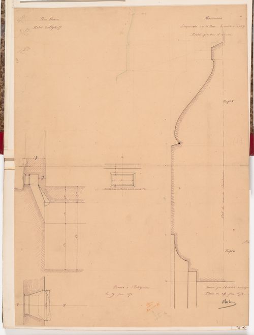 Plan, section, elevation and full-scale profile for the basement windows, Hôtel Soltykoff