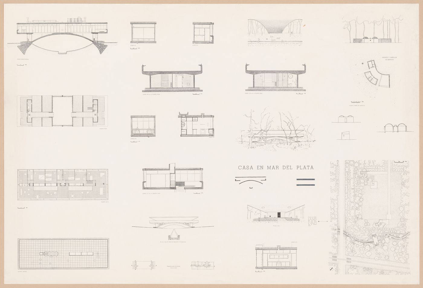 Floor plans, elevations, sections, and perspectives for Casa sobre el arroyo, Mar del Plata, Argentina