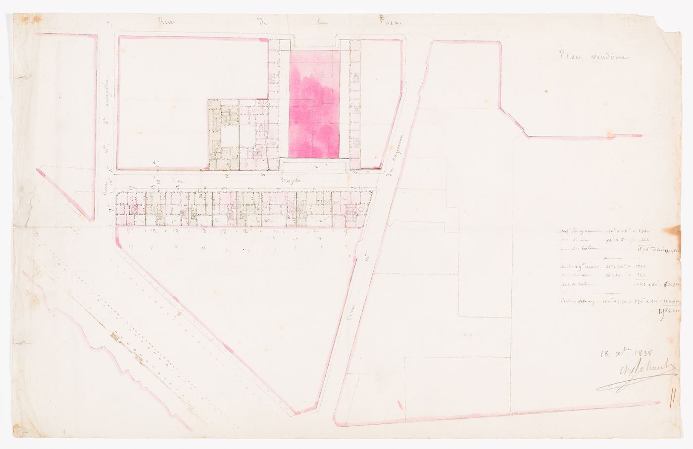 Cost estimates, projected rental income, and a site plan for houses for the Théâtre Royal Italien project on the Ministère des Affaires Étrangères and the Hôtel du Timbre site