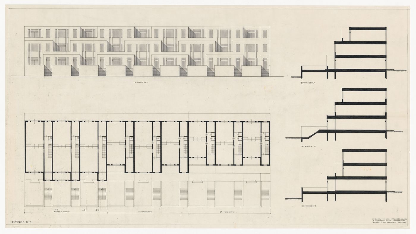 Plans, sections, and elevation for terraced beach houses, Scheveningen, The Hague, Netherlands