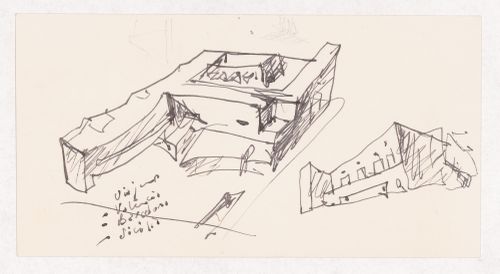 Sketch axonometric view and perspective for Edifício da Reitoria e Biblioteca Jurídica - Proj. I, Valencia, Spain