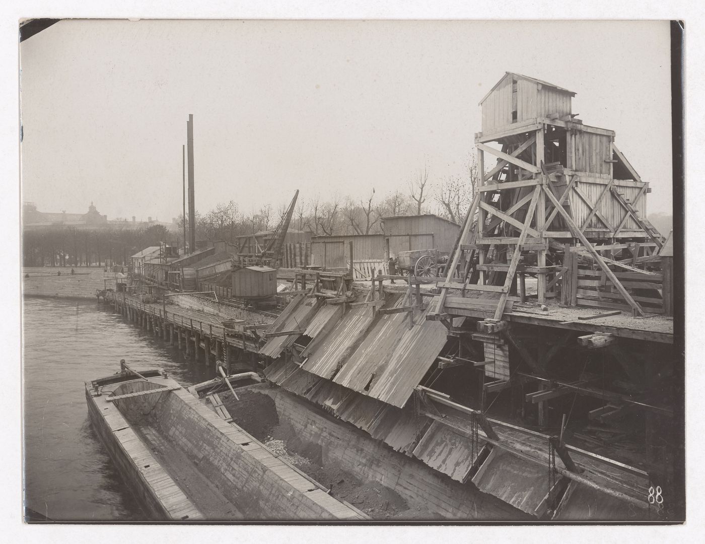 Construction of the Paris Metro, view of worksite beside the Seine, Paris, France