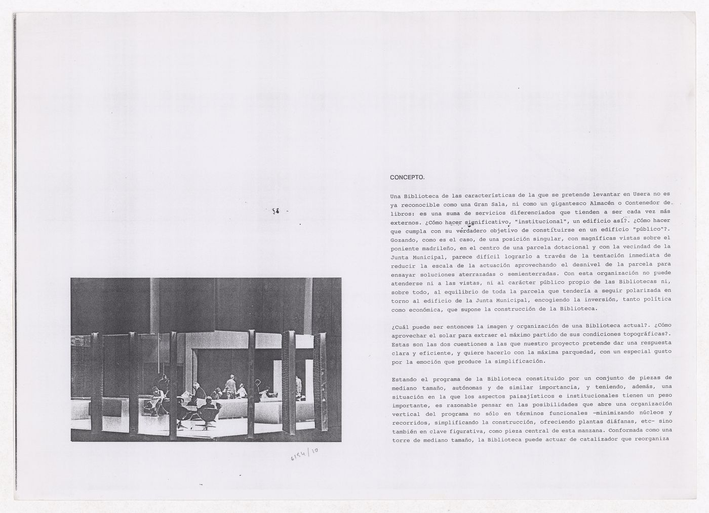 Project description with view of model for Biblioteca de Usera, Madrid, Spain